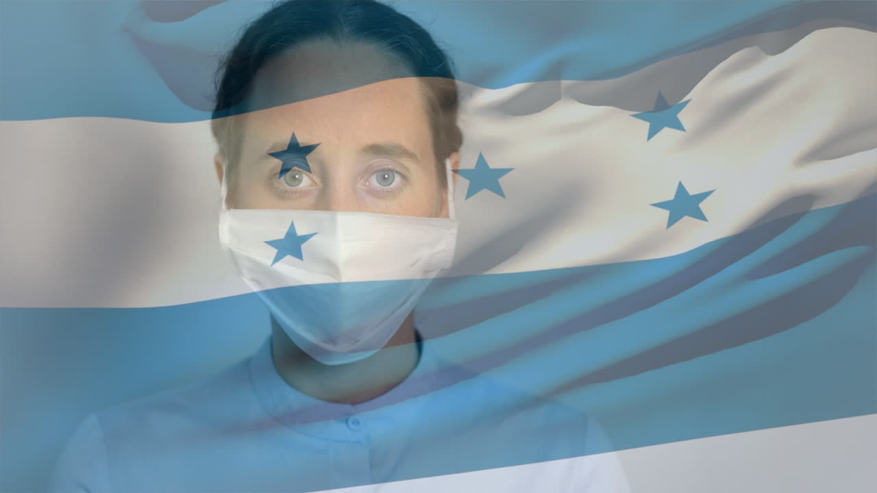 Honduran flag waving against woman wearing face mask