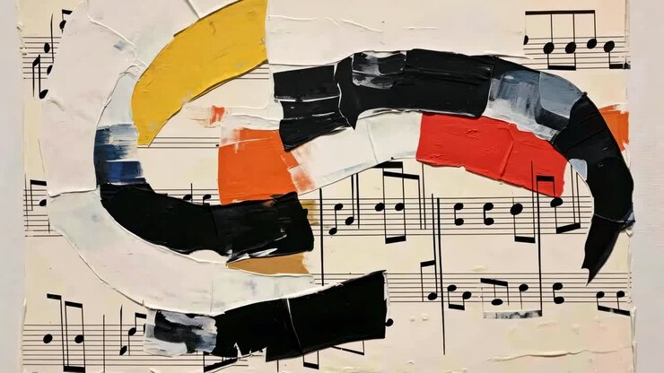 Abstract art with bold brushstrokes over sheet music, captured from a top-down angle