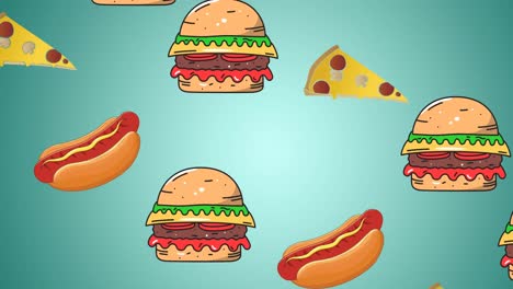 animation of illustration with boom text over fast food hot dogs, hamburgers and pizza slices