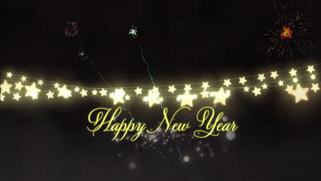 animation of glowing happy new year text with starry lights on dark background