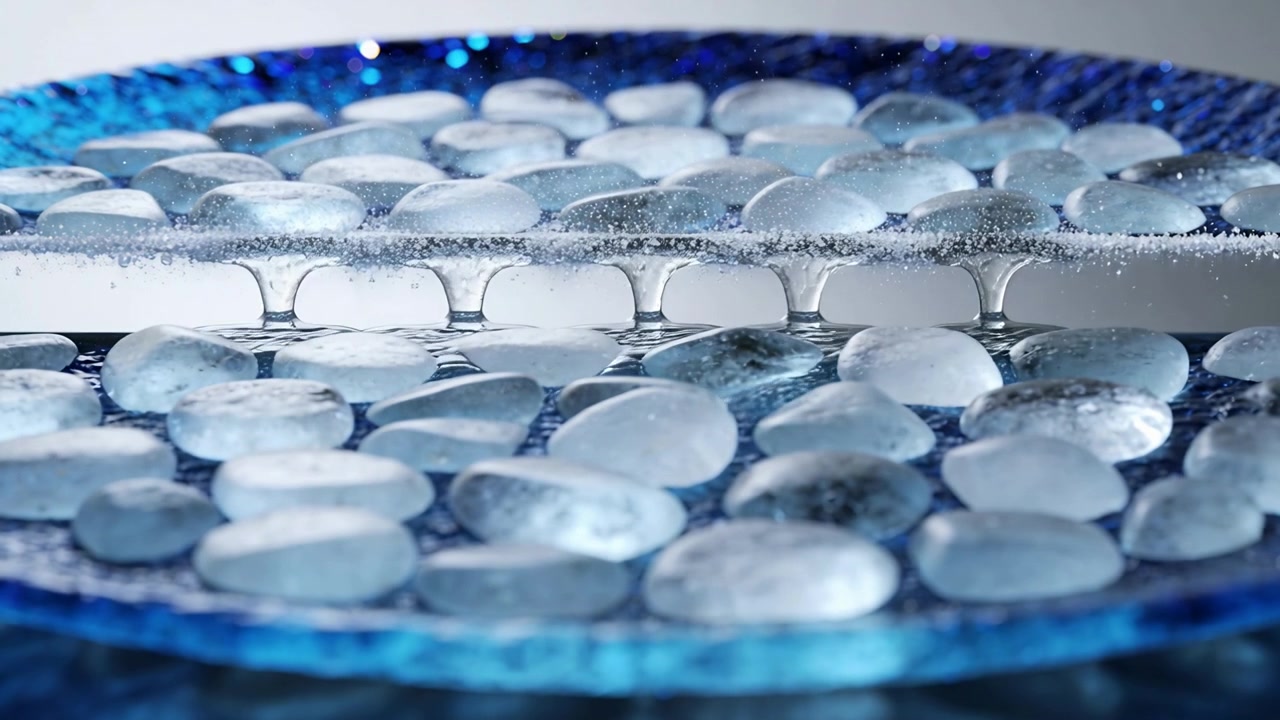 Raccolta di liquido, con una lastra bianca sospesa che rilascia goccioline su un piatto blu, bagnando ciottoli di vetro.
