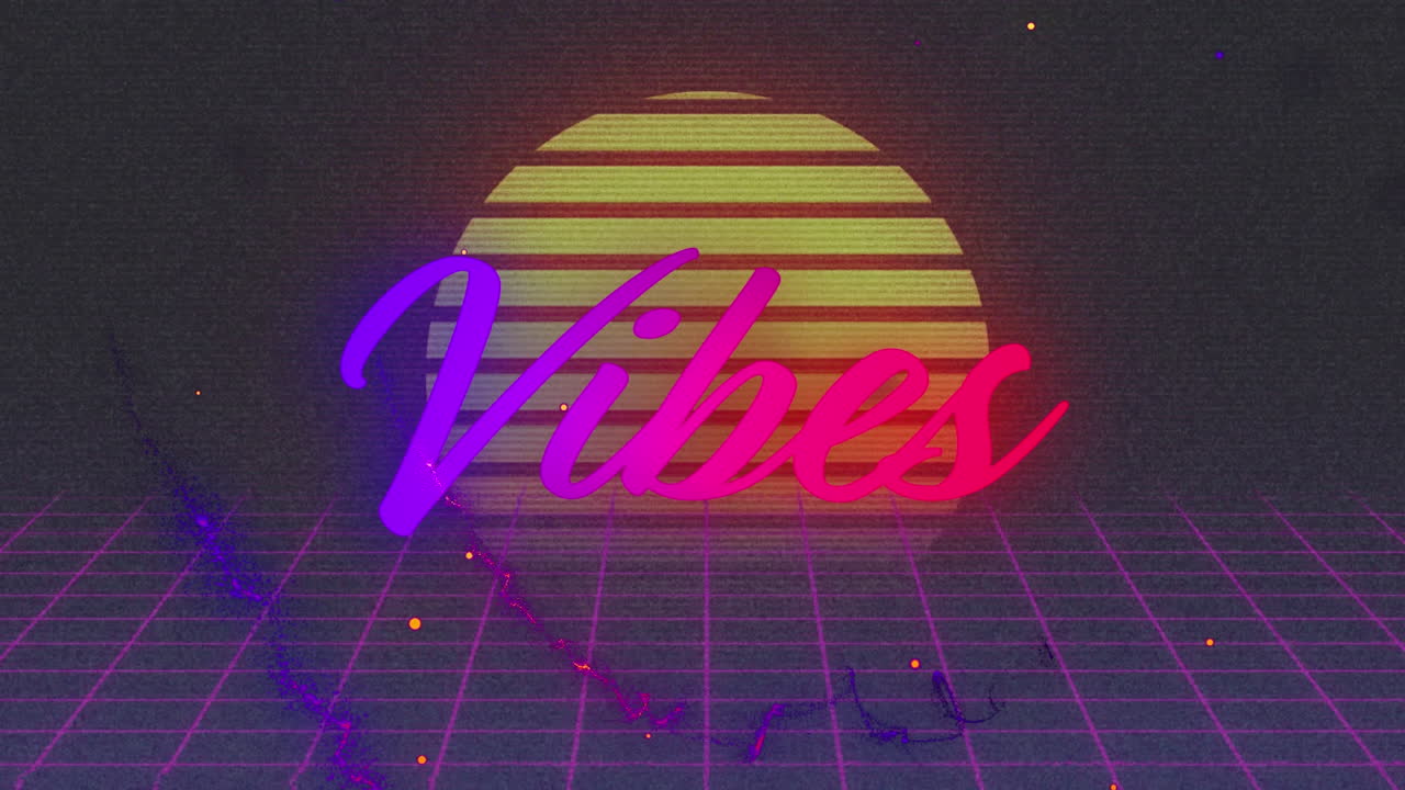 해가 지는 곳, 그리드 및 빛 트레일 위에 보라색과 분홍색 텍스트의 진동의 애니메이션