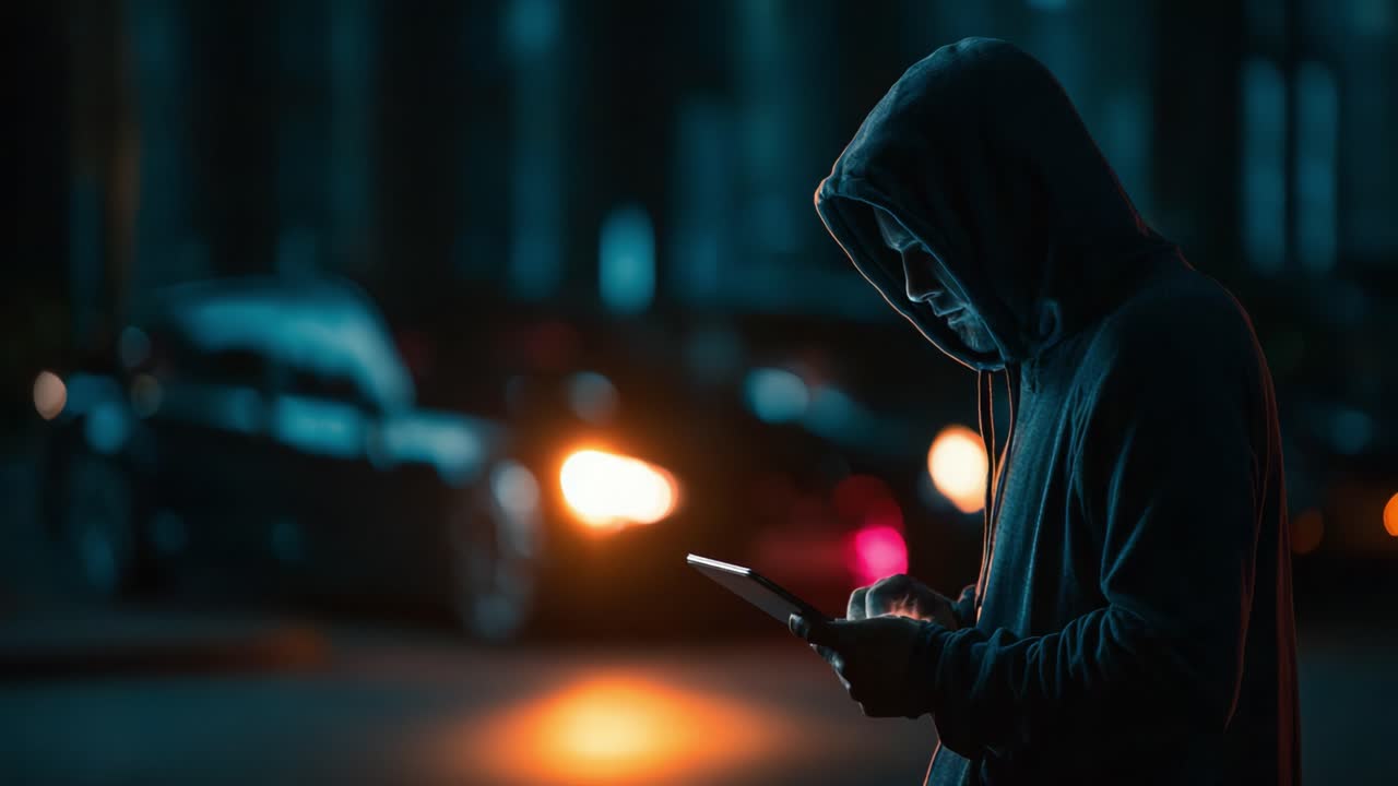 A hooded figure engrossed in a tablet, illuminated by the glow of nearby vehicles, portrays a modern scene of technology intersecting with urban life at night