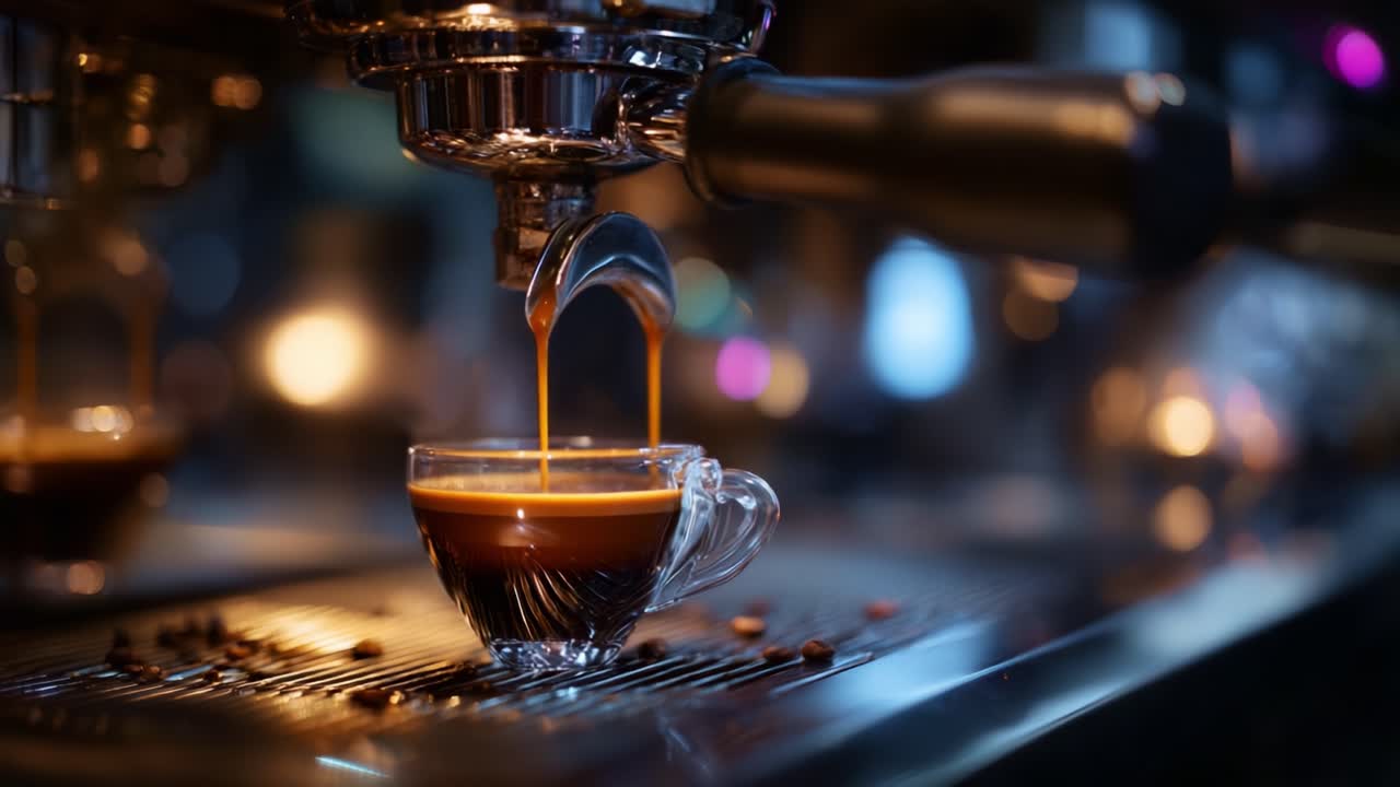 Espresso aromatico preparato in una macchina da caffè: primo piano accattivante dell'estrazione dell'espresso in una tazza di vetro su un bar luccicante