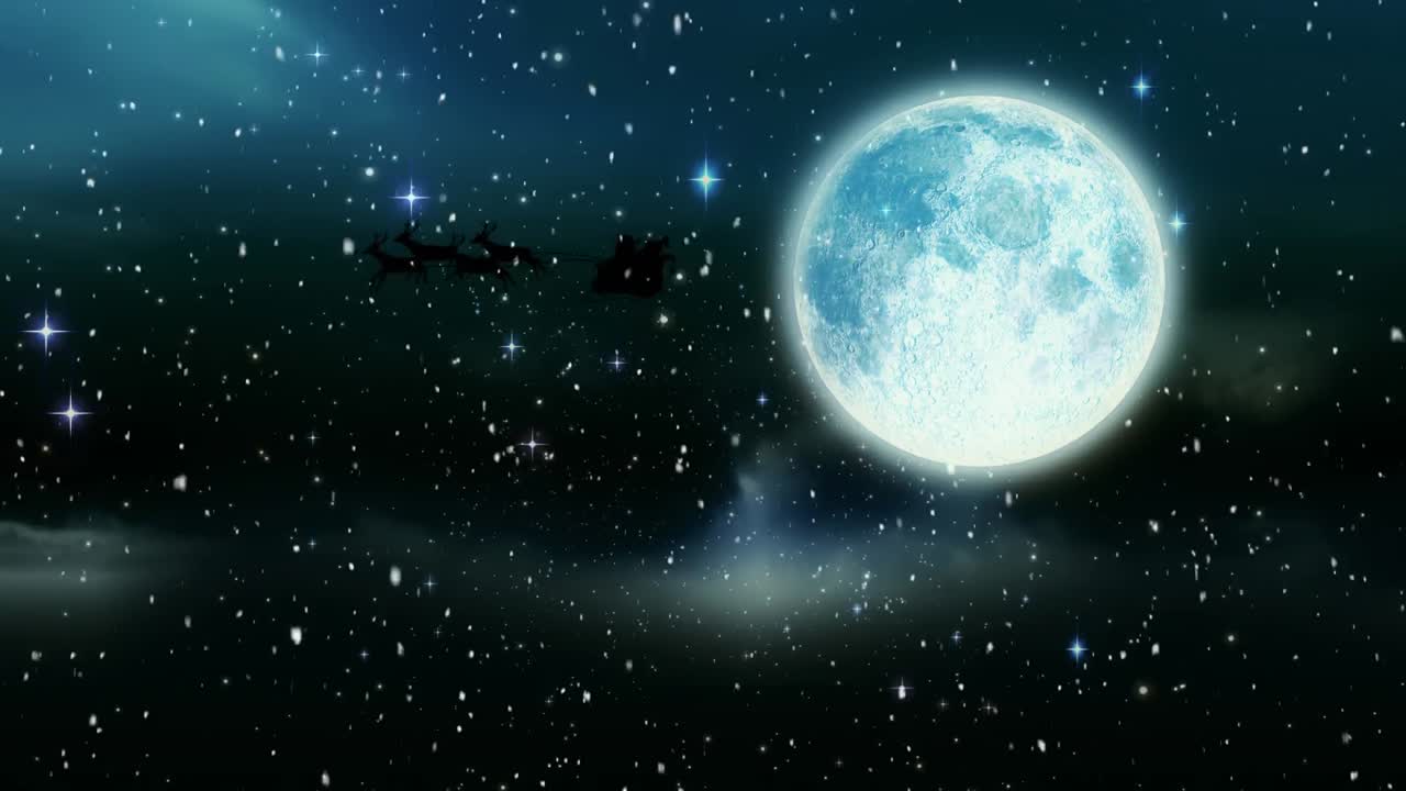 引かれるソリに乗ったサンタクロースの黒いシルエットに雪が舞い落ちるデジタルアニメーション。
