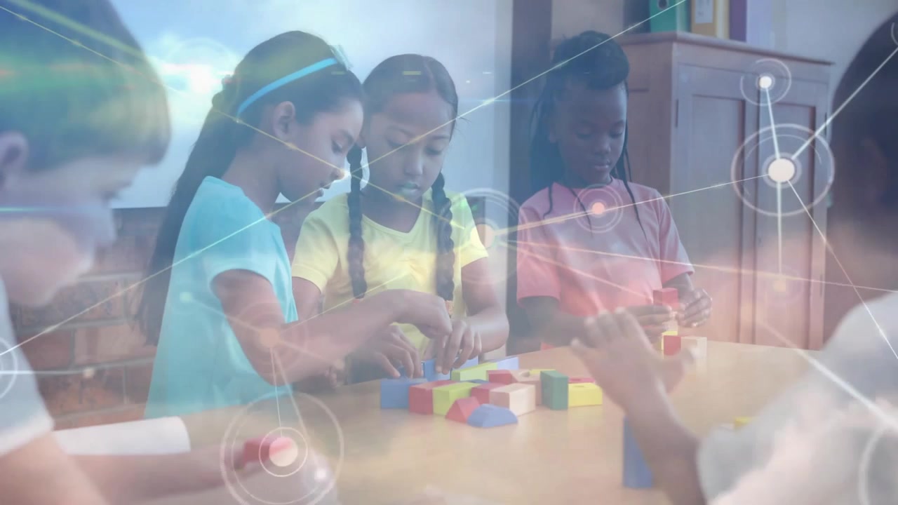Children reaching for wooden blocks in class, generating transparent overlay showing collaboration