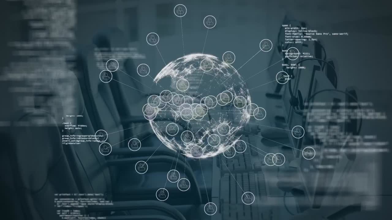 Animation of financial data processing over empty office