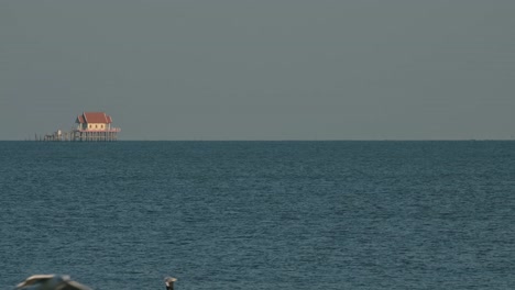 Von-Weitem-Gesehen-Ein-Buddhistischer-Tempel-Mitten-Im-Meer,-Während-Seevögel-Herumfliegen,-Thailand