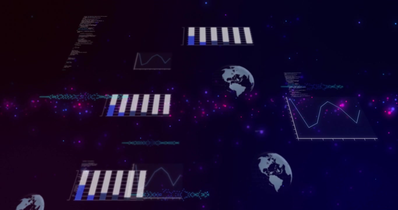 Camera pulling back, revealing tilted data plane, neon ribbon aligning bar charts for tech insights