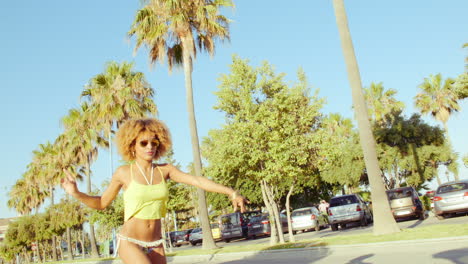 sexy girl riding on roller skates on exotic street