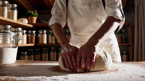 woman kneading dough in a rustic kitchen