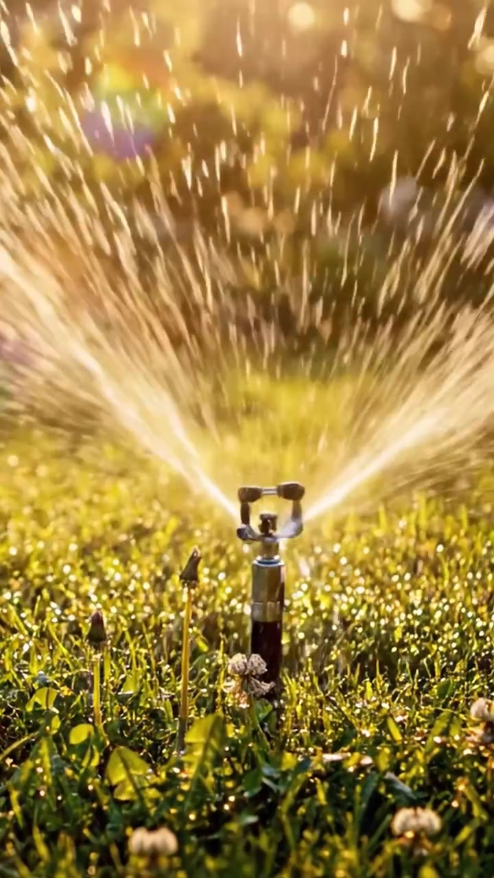 Un bellissimo momento della natura: il sole radioso luccica sull'acqua nebulizzata sopra l'erba verde e i fiori in fiore, creando un'atmosfera fresca e vibrante in primavera.