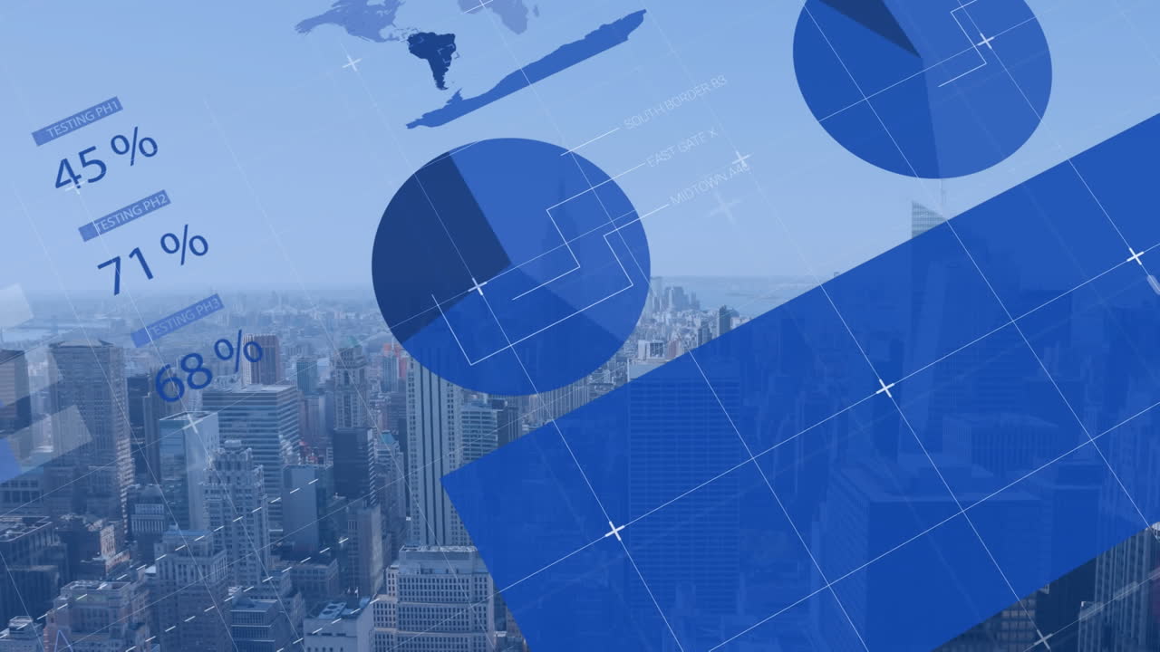 도시 풍경의 공중 뷰를 통해 통계 데이터 처리의 애니메이션