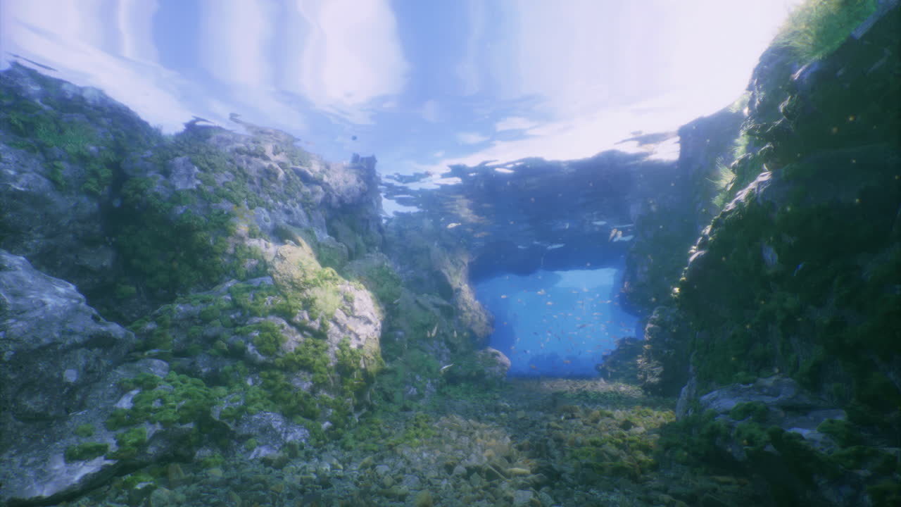 Underwater view of vibrant coral reef with sunlight filtering through water