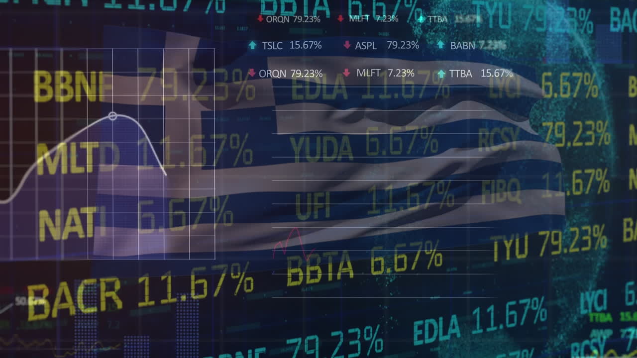 검은 바탕에 그리스의  ⁇ 발 위에 그래프의 애니메이션과 데이터 처리