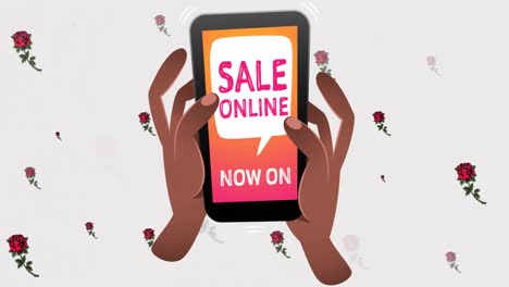 animation of sale online now on text on smartphone over flowers moving in hypnotic motion