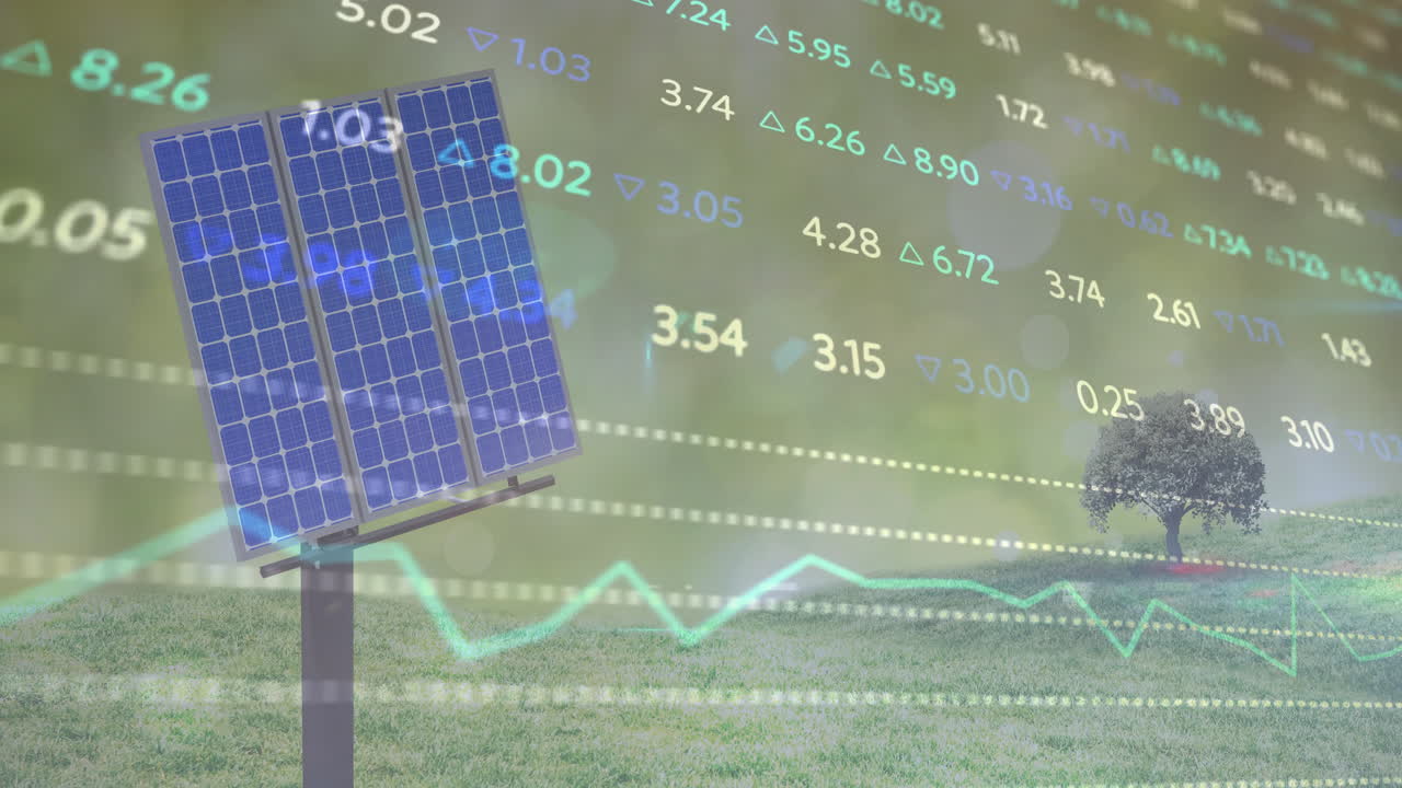 Solar panel standing on pole in grassy field, showing floating numeric data overlay in flat design