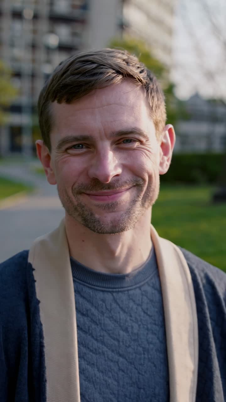 Young man radiating happiness while gently shifting pose and expression, showcasing varied emotions in sunny urban park setting with natural surroundings