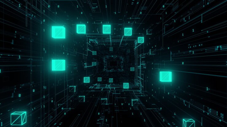 Futuristic blockchain background with glowing cubes and binary code. The scene creates a digital tunnel effect, conveying a sense of technological advancement