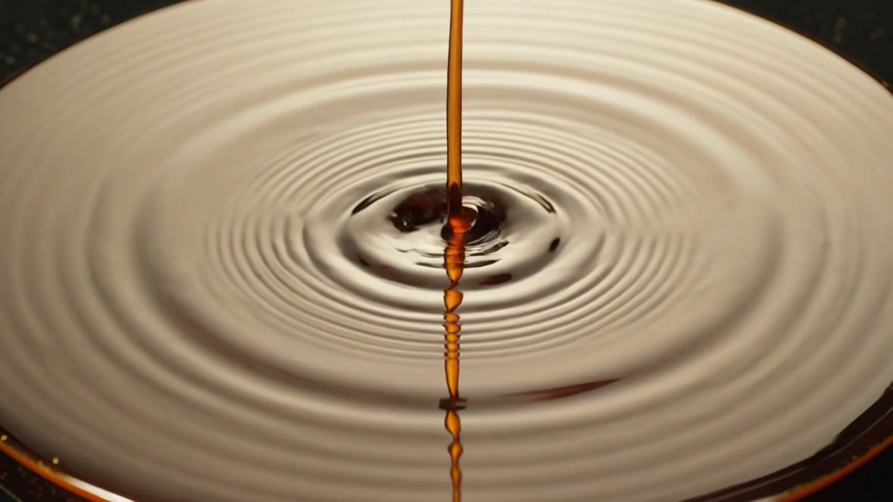 Versando un flusso scuro e denso che colpisce un piatto basso sul bancone, creando anelli concentrici e goccioline.