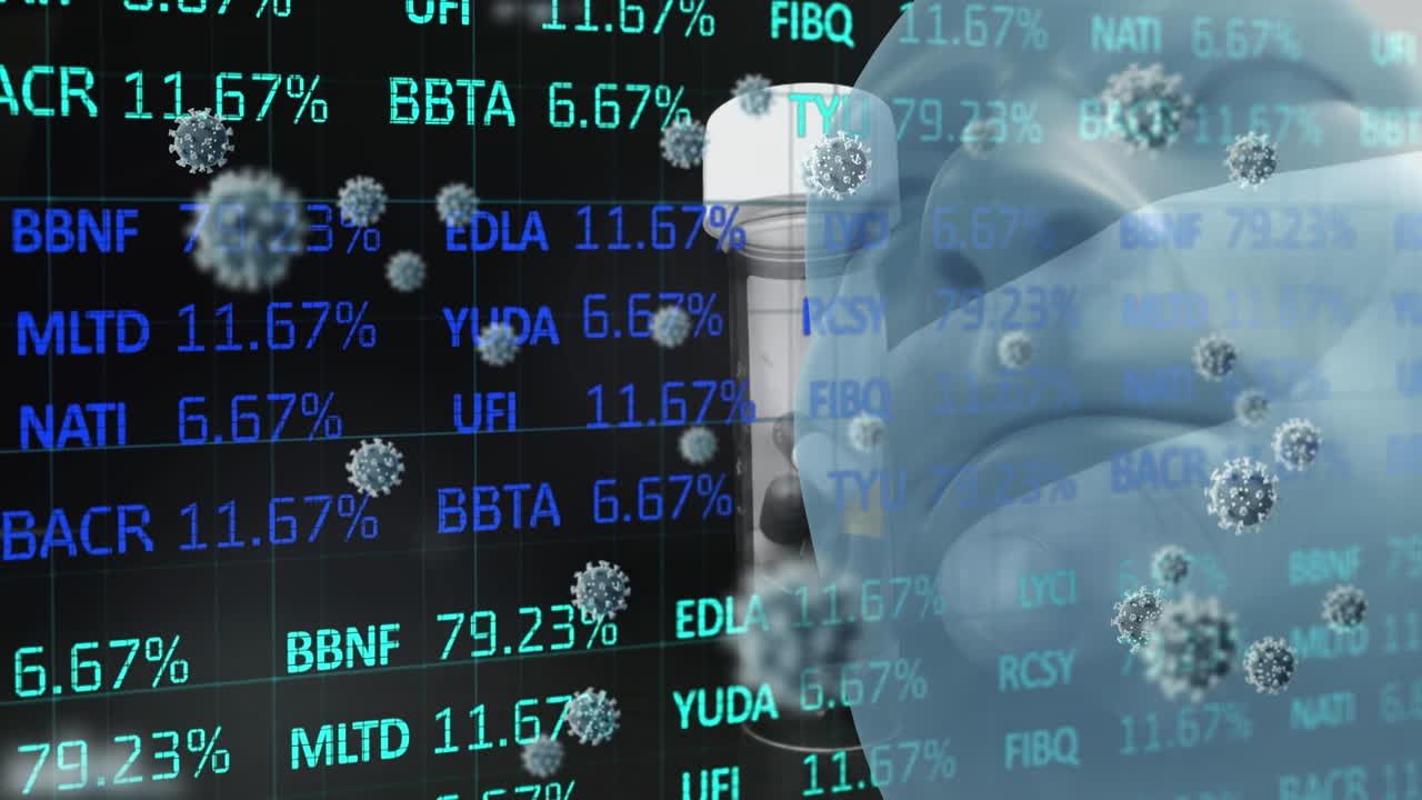 코로나 19 세포의 애니메이션과 인간의 머리 위의 데이터 처리