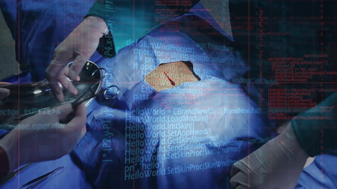 Animazione di elaborazione dati su chirurghi durante un intervento chirurgico.