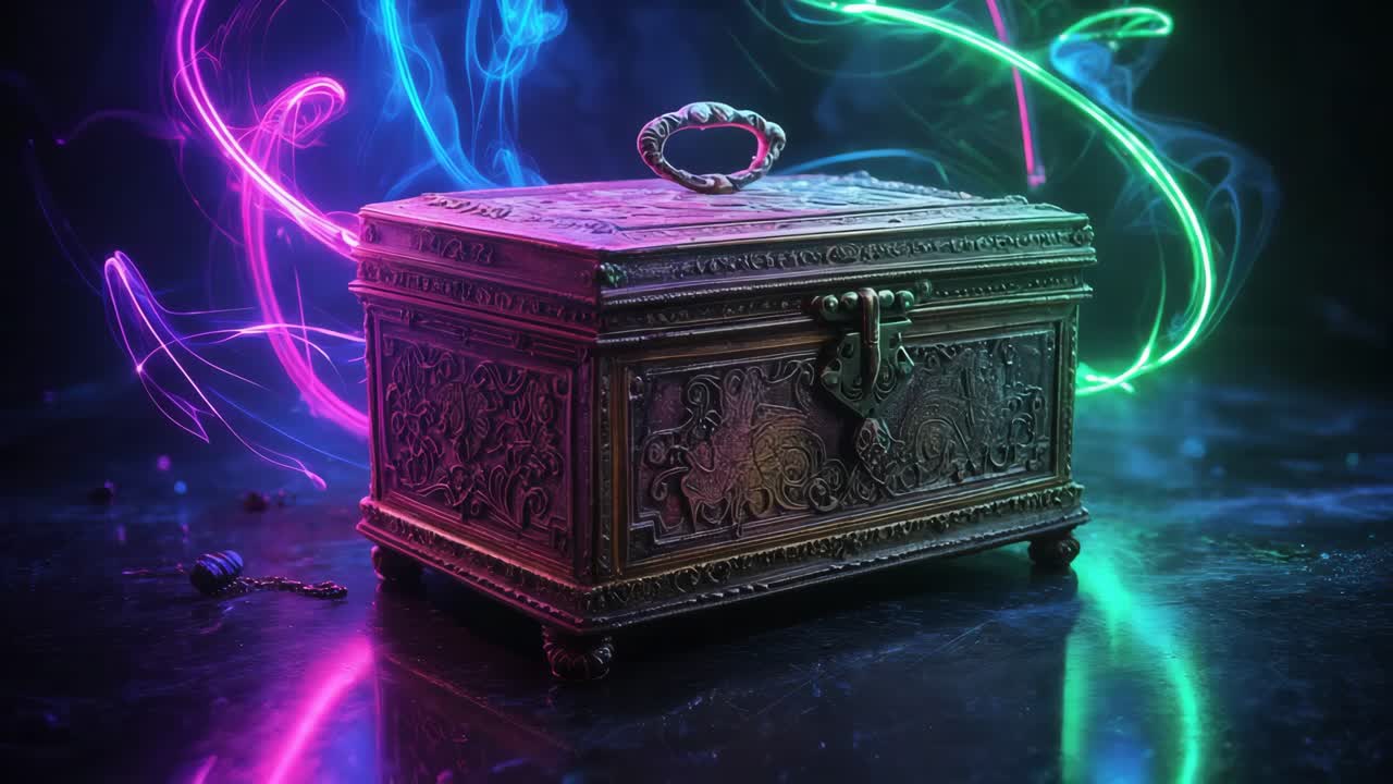 네온 조명 아래의 고대 장식 상자