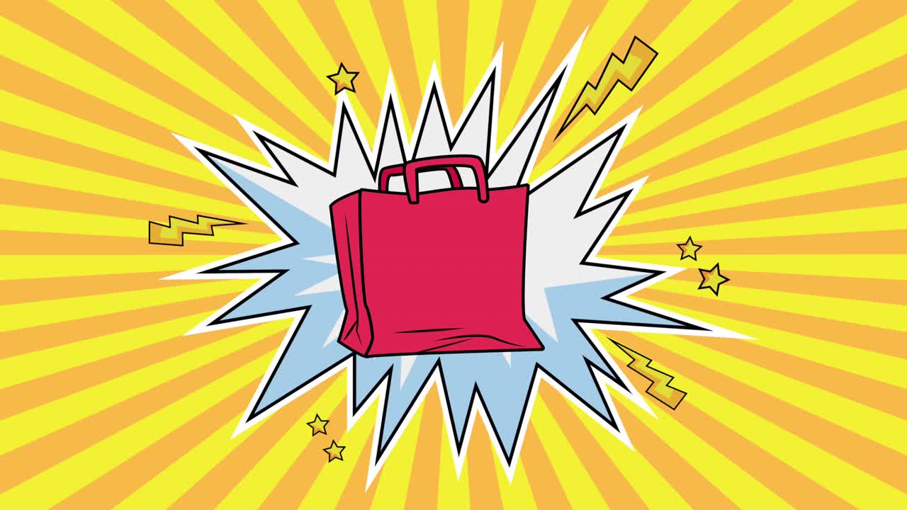 표현 클라우드 팝 아트 스타일의 쇼핑 가방 애니메이션