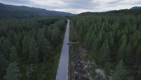 Aerial-Drone-Overhead-Of-Car-Driving-Down-Mountain-Road-Through-Green-Forest