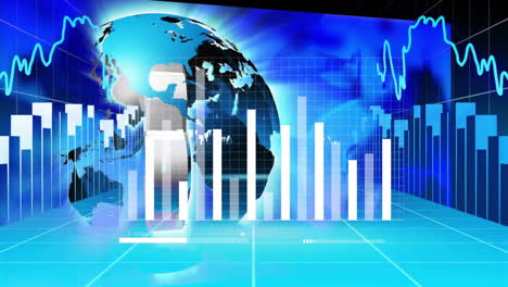 bar graphs and world map animation over financial data and charts background