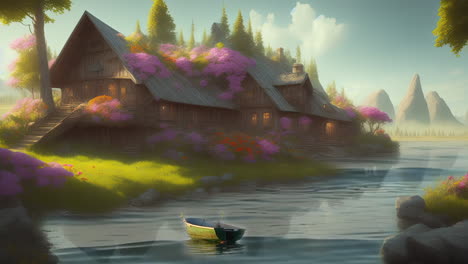 Animated-cartoon-of-a-house-next-to-a-lake,-idyllic-and-colorful-scenery,-magical-and-dreamland-concept