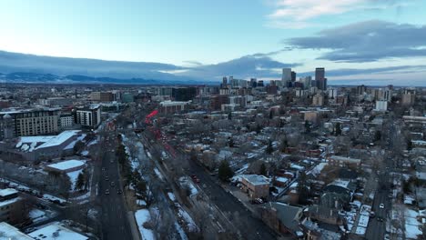 cinematic aerial view of downtown denver city and street view in winters, colorado