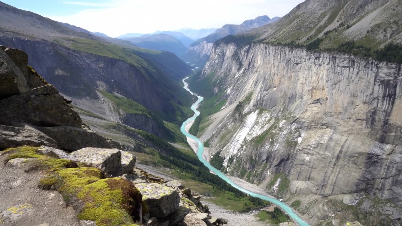 Mozzafiato canyon di montagna con fiume turchese che serpeggia tra ripide scogliere, rocce coperte di muschio.