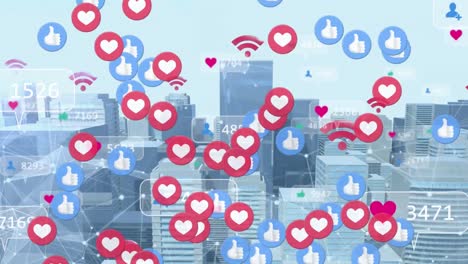 animation of social media digital icons floating over cityscape