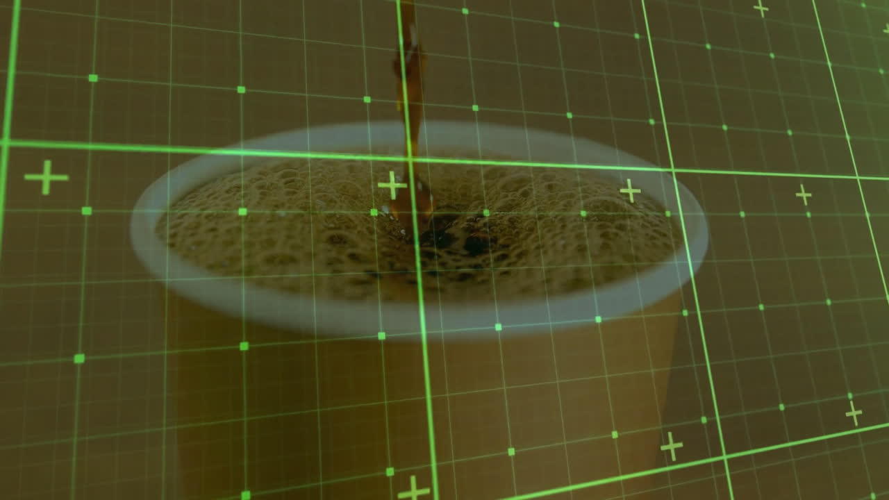 Coffee stream being poured into paper cup, with frothy crema and green grid overlay