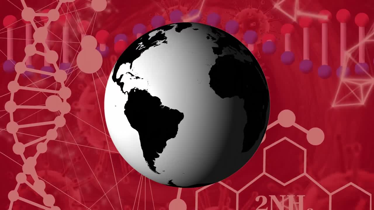 Animation d'un globe tournant au-dessus d'une hélice DNX, d'une structure moléculaire et de cellules biologiques