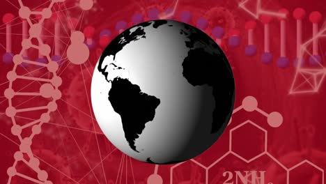 Animation-of-globe-rotating-over-dnx-helix,-molecule-structure-and-biological-cells