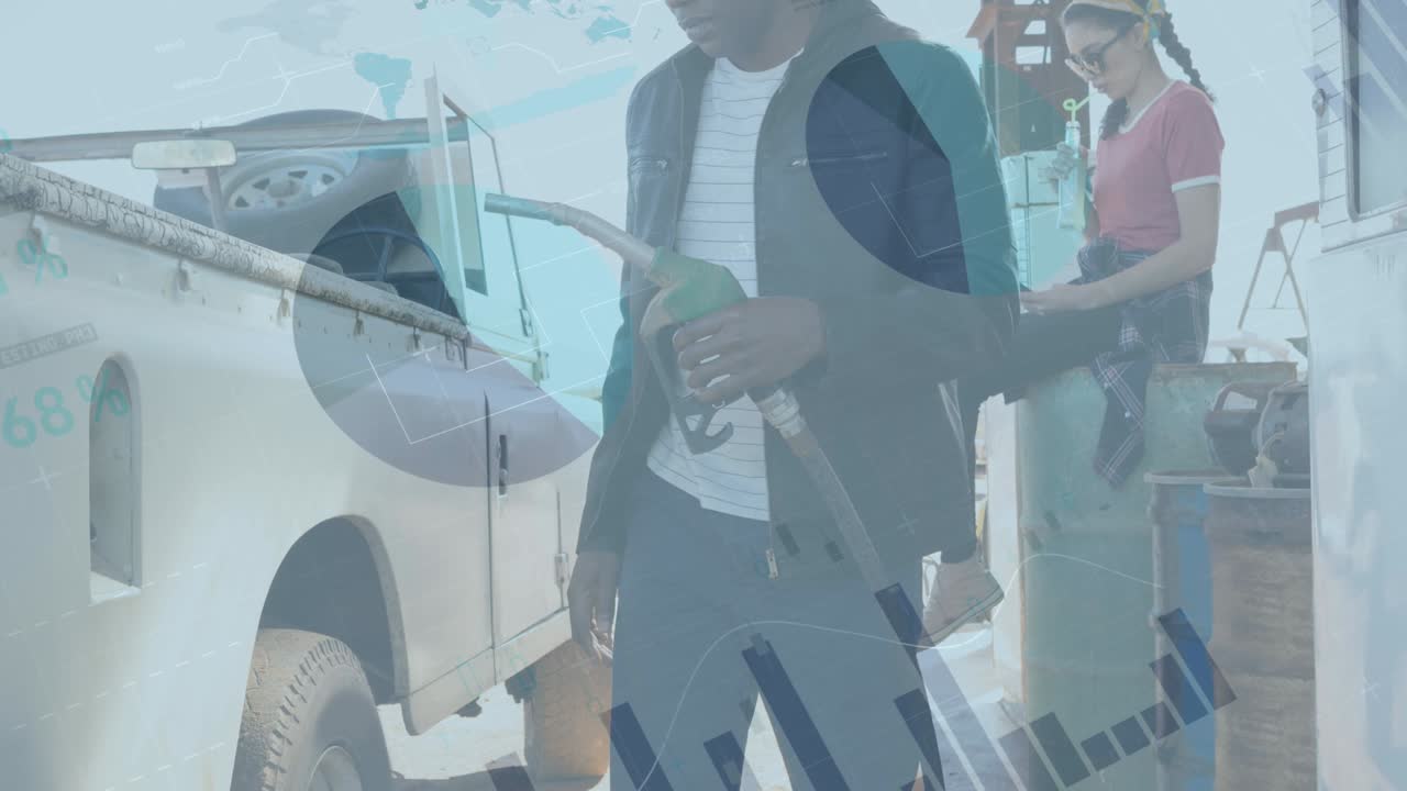 주유소에서 사람들을 대상으로 금융 데이터 처리의 애니메이션