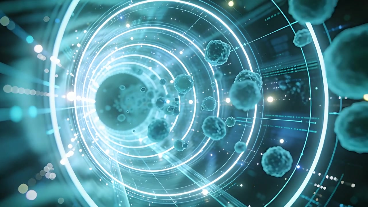 Dollying camera pushing central sphere cluster moving to foreground through data tunnel with rings