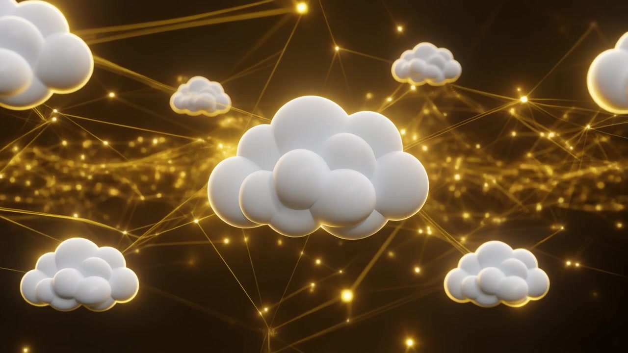 Icone cloud 3D che fluttuano su una rete digitale luminosa