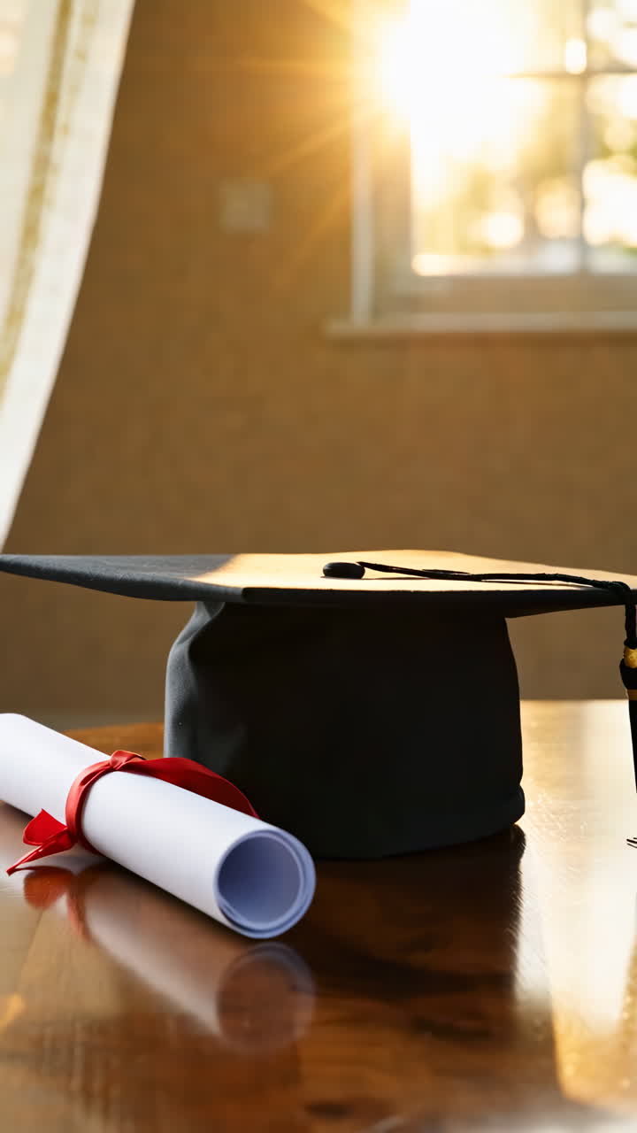 Tocco di laurea e diploma su tavolo di legno illuminato dal sole.