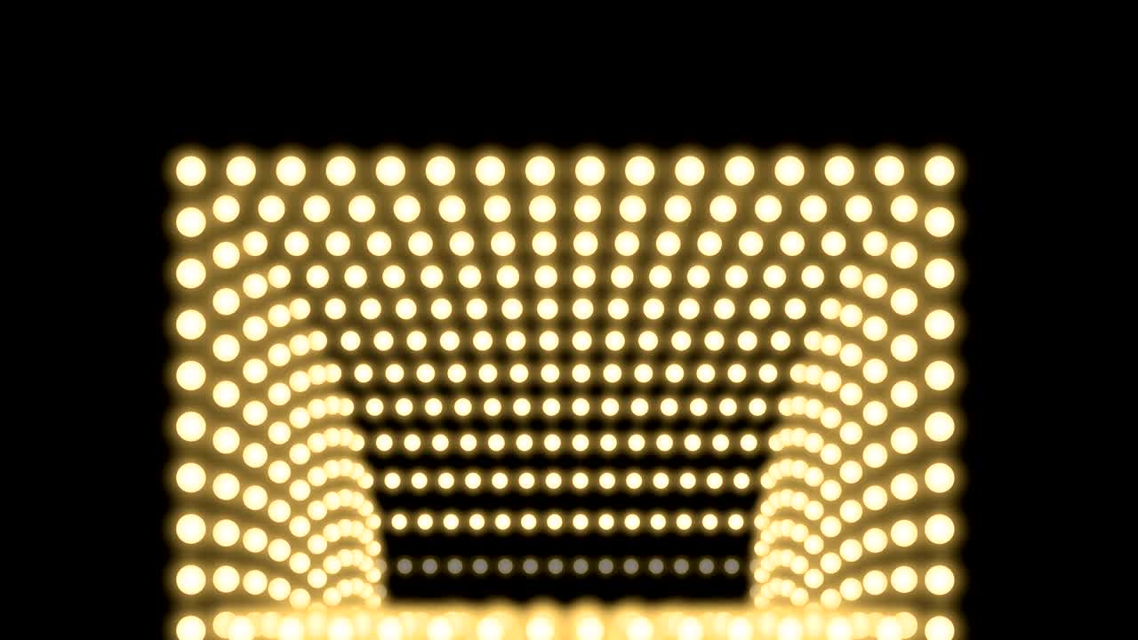 Tunnel Incandescent light bulb box frame rectangle shape moving pattern, retro 3D virtual style illustration glow in dark background seamless looping animation 4K, with copy space