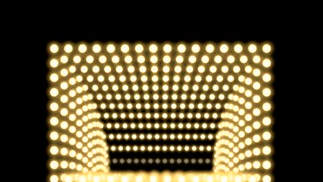 cuadro de caja de bombilla incandescente de túnel forma rectángulo patrón móvil, retro 3d estilo virtual ilustración brillo en fondo oscuro animación de bucle sin costuras 4k, con espacio de copia