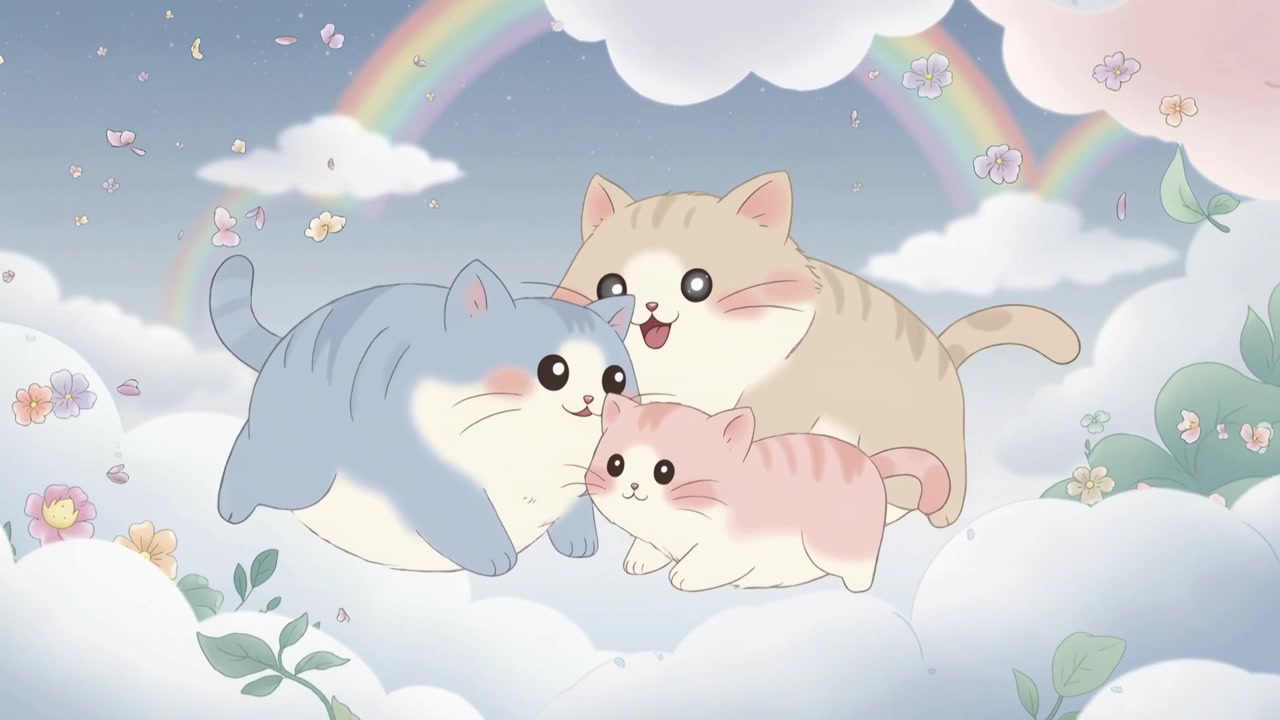 Gatto blu che accarezza e protegge un gattino rosa mentre un gatto color sabbia miagola, con movimento che inizia su una nuvola, arcobaleno.