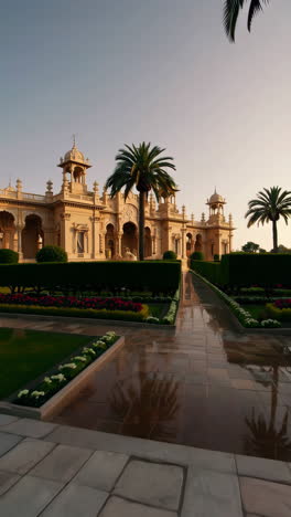 historic palace in a lush garden at sunrise