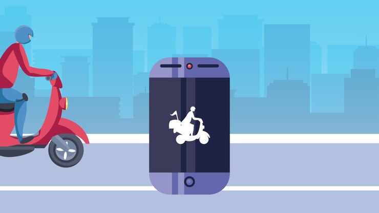 delivery service worker in bicycle and smartphone animation