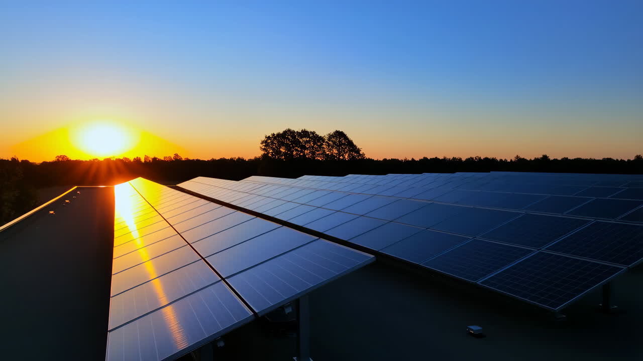 Solar Panels at Sunset on a Rooftop