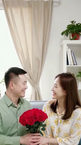 young asian couple in love celebrating valentine's day sitting in the living room