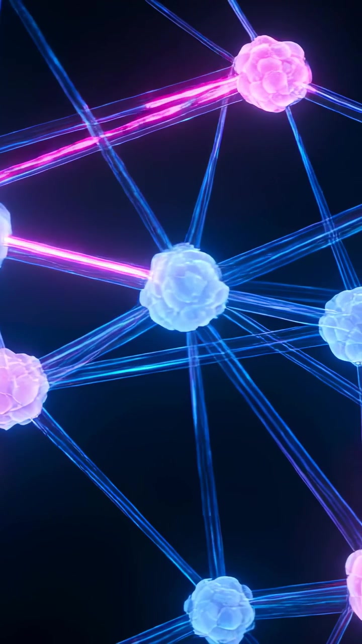Vertical video: Rotating cluster of glowing orbs and tubes in black void, pink pulse sending energy