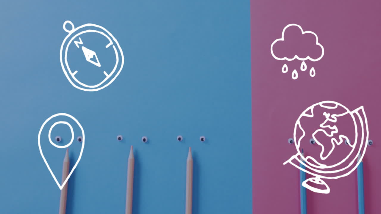 Weather animation and compass with pencils on blue and purple background